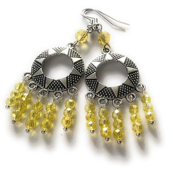 Yellow Beaded Earrings for Women with Sun Pendant Charm - Picture 1 of 5